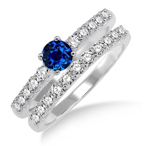 Classic Art Deco 6mm Round Cut 2 Carat Blue Sapphire And Moissanite Diamond Engagement Ring Elegant Bridal Set on 10k White Gold