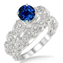 Classic Art Deco 6mm Round Cut 2 Carat Blue Sapphire And Moissanite Diamond Wedding Ring Infinity Antique Bridal Set On 10k White Gold