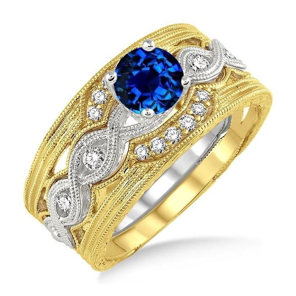 Classic Art Deco 6mm Round Shape 2 Carat Blue Sapphire And Moissanite Diamond Vintage Trio Bridal Set Engagement Ring On 10K Yellow Gold, Gift For Her, Promise Ring, Anniversary Ring