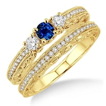 Classic Art Deco 6mm Round shape 2 Carat Blue Sapphire And Moissanite Diamond Engagement Ring Antique Milgrain Bridal Set on 10k Yellow Gold