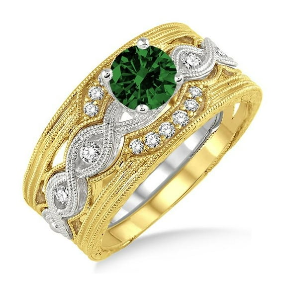Classic Art Deco Green Emerald 6mm Round Cut 2 Carat Vintage Trio Bridal Set Diamond Moissanite Engagement Ring on 10k Yellow Gold