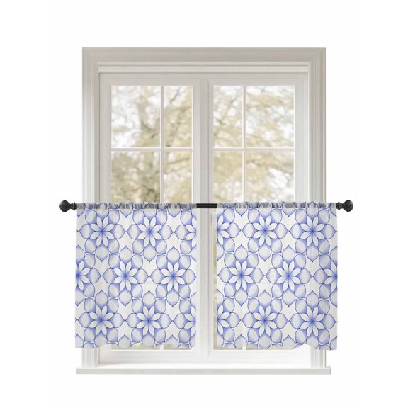 Classic Art Sheer Curtains 2 Panels Set Retro Blue Floral Pattern Decor Lihgt Filtering Rod Pocket Voile Drape, Semi Sheer Window Curtains for Bedroom Living Room, 52"x54"