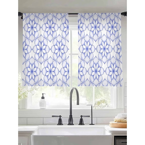 Classic Art Sheer Curtains 45 Inches Long 2 Panels Retro Blue Floral Pattern Decor Light Filtering Semi Sheer Window Curtains Drapes for Bedroom Living Room 52"x45"