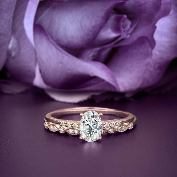 Classic Art deco 2.00 Carat Oval Cut Diamond Moissanite Engagement Ring Set, Wedding Ring in 10k Solid Rose Gold, Gift For Her, Woman Gift, Holiday Gift, Promise Ring, Anniversary Ring