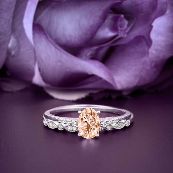 Classic Art deco 2.00 Carat Oval Cut Morganite And Diamond Moissanite Engagement Ring Set, Wedding Ring in 10k Solid White Gold, Gift For Her, Woman Gift, Holiday Gift, Promise Ring, Anniversary Ring