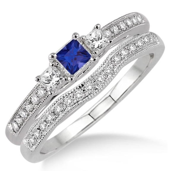 Classic Art deco 6mm Princess Cut 2.25 Carat Blue Sapphire And Moissanite Diamond Three Stone Bridal Set on 10k White Gold