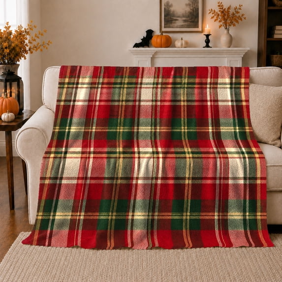 Classic Autumn Tartan Plaid, Festive autumn celebration Scene, Warm Flannel Blanket for Living Room and Family Room with Detailed Artwork, Art Lovers autumn celebration Gift, Festive Home Decor