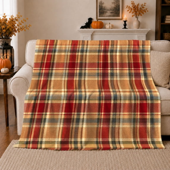 Classic Autumn Tartan Plaid, Festive autumn celebration Scene, Warm Flannel Blanket for Ranch House and Living Room with Detailed Artwork, Art Lovers autumn celebration Gift, Festive Home Decor