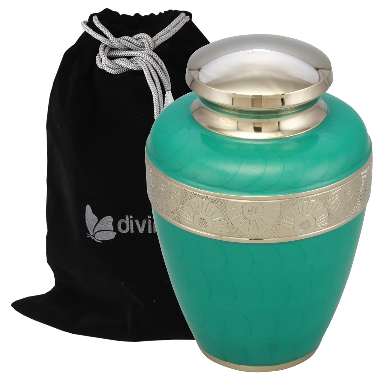 Classic Avalon Cremation Urn with Silver Sunflower Bands - 100% Handcrafted Adult Urn - Solid Metal Large Urn for Human Ashes - Funeral Urn with Free Bag (Teal)