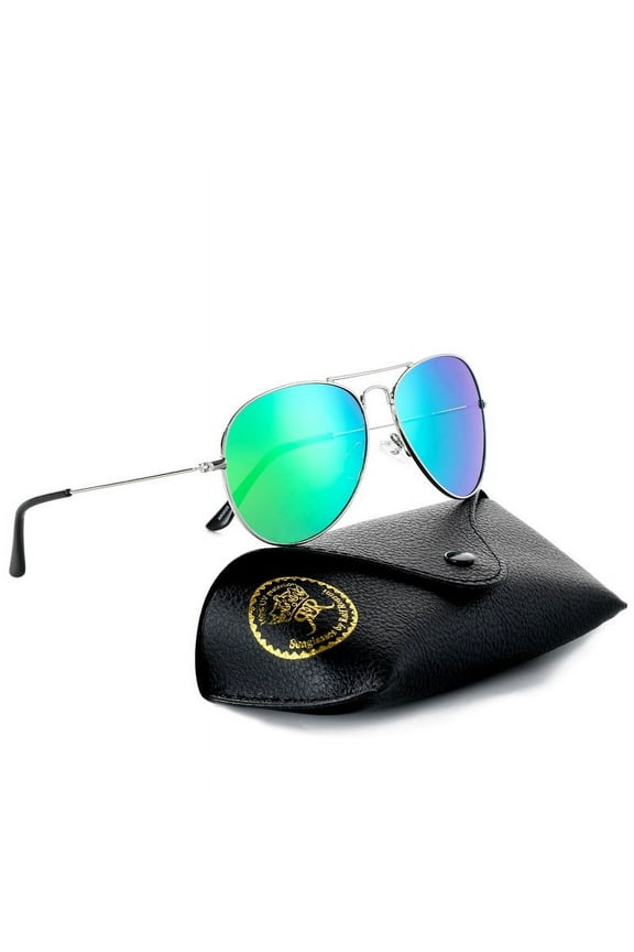 Classic Aviator Sunglasses Womens Polarized Shades for Men Small Face UV400 Protection Stainless Steel Eyewear with Case, 58MM ( Silver Frame Green Lens )