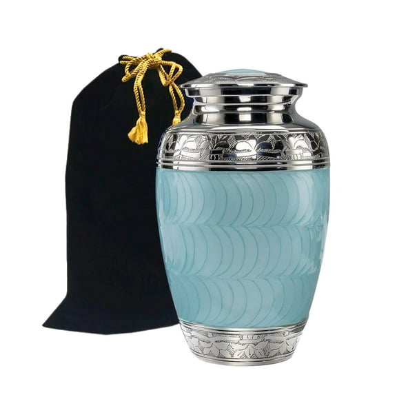 Classic Baby Blue Brass Cremation Urn - Beautifully Handcrafted Adult Funeral Urn - Solid Brass Funeral Urn - Affordable Urn for Human Ashes with Free Velvet Bag
