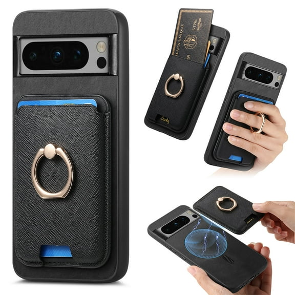 Classic Back Case for Google Pixel 7 Pro, with Removable Magnetic Card Slots Support Car Magnetic Mount with Finger Ring Stand Business Thin Fit Phone Case Cover for Google Pixel 7 Pro, Black