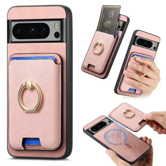 Classic Back Case for Google Pixel 7 Pro, with Removable Magnetic Card Slots Support Car Magnetic Mount with Finger Ring Stand Business Thin Fit Phone Case Cover for Google Pixel 7 Pro, Pink