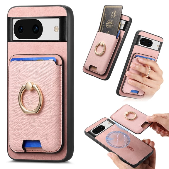 Classic Back Case for Google Pixel 7, with Removable Magnetic Card Slots Support Car Magnetic Mount with Finger Ring Stand Business Thin Fit Phone Case Cover for Google Pixel 7, Pink