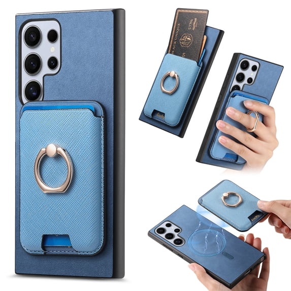 Classic Back Case for Samsung Galaxy S23 Ultra, with Removable Magnetic Card Slots Support Car Magnetic Mount with Finger Ring Stand Business Thin Fit Phone Case for Galaxy S23 Ultra, Blue