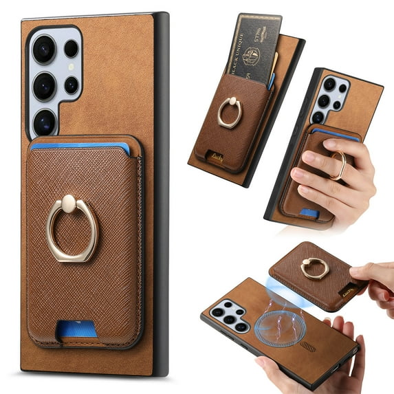 Classic Back Case for Samsung Galaxy S25 Ultra, with Removable Magnetic Card Slots Support Car Magnetic Mount with Finger Ring Stand Business Thin Fit Phone Cover for Samsung Galaxy S25 Ultra, Brown