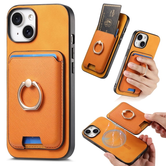 Classic Back Case for iPhone 15 Plus, with Removable Magnetic Card Slots Support Car Magnetic Mount with Finger Ring Stand Business Thin Fit Phone Case Cover for iPhone 15 Plus, Yellow