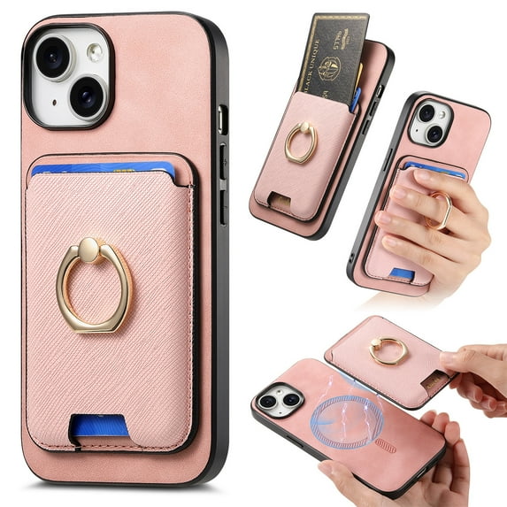 Classic Back Case for iPhone 15 Plus, with Removable Magnetic Card Slots Support Car Magnetic Mount with Finger Ring Stand Business Thin Fit Phone Case Cover for iPhone 15 Plus, Pink