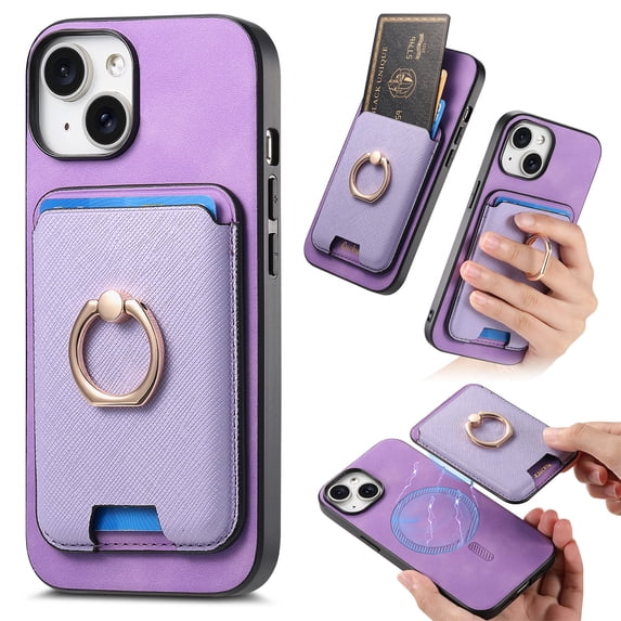 Classic Back Case for iPhone 16 Plus, with Removable Magnetic Card Slots Support Car Magnetic Mount with Finger Ring Stand Business Thin Fit Phone Case Cover for iPhone 16 Plus, Purple
