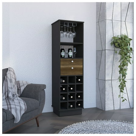 Classic Bar Cabinet, Two Drawers, Twelve Built-in Wine Rack-Black / Walnut