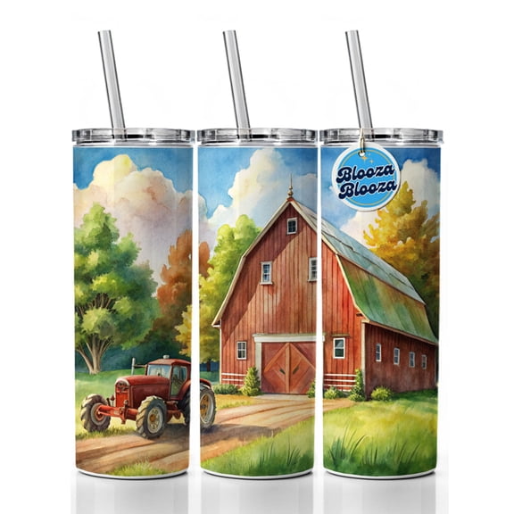 Classic Barn Tractor Watercolor Design 20oz Insulated Water Bottle Skinny Tumbler Includes Straw