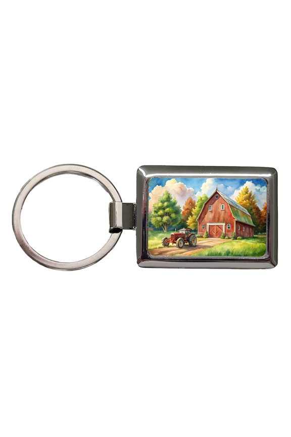 Classic Barn Tractor Watercolor Design Metal Rectangle Keychain