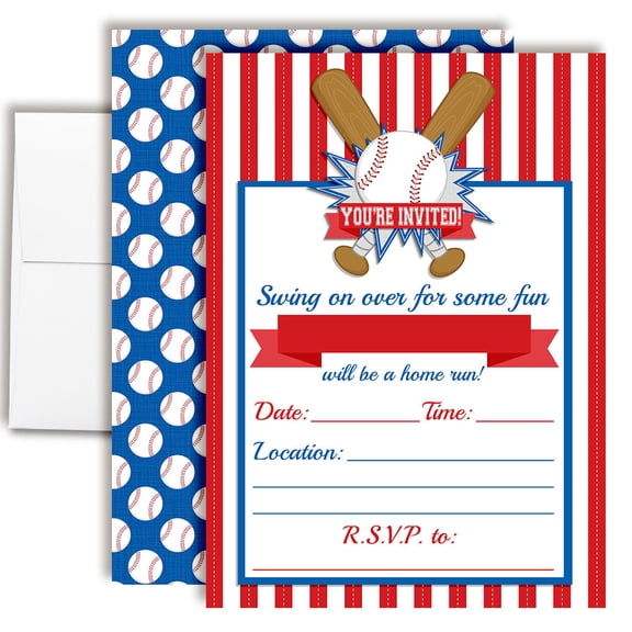 Classic Baseball Birthday Invitations for Kids, 20 Fill-In Cards with Envelopes, 5x7 Children's Party Invitations, Birthday Party Supplies, Made in USA by Amanda Creation