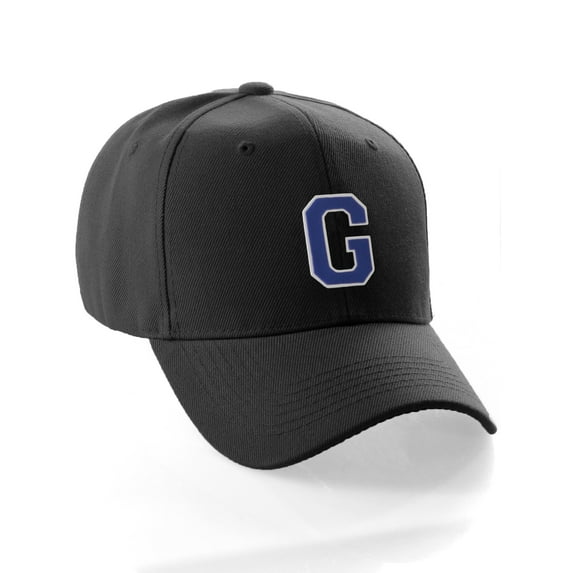 Classic Baseball Hat Custom A to Z Initial Team Letter, Black Cap White Blue Letter G