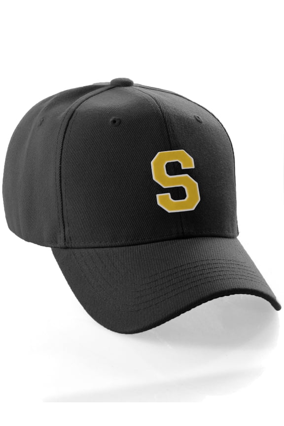 Classic Baseball Hat Custom A to Z Initial Team Letter, Black Cap White Gold Letter S
