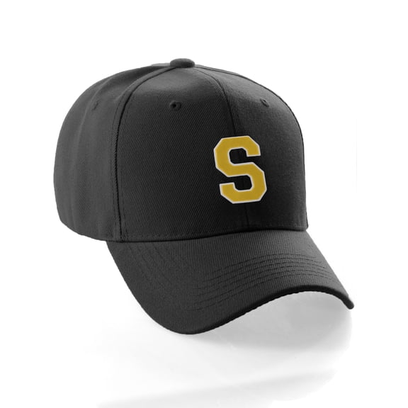 Classic Baseball Hat Custom A to Z Initial Team Letter, Black Cap White Gold Letter S