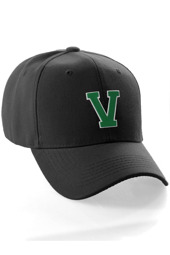 Classic Baseball Hat Custom A to Z Initial Team Letter, Black Cap White Green Letter V