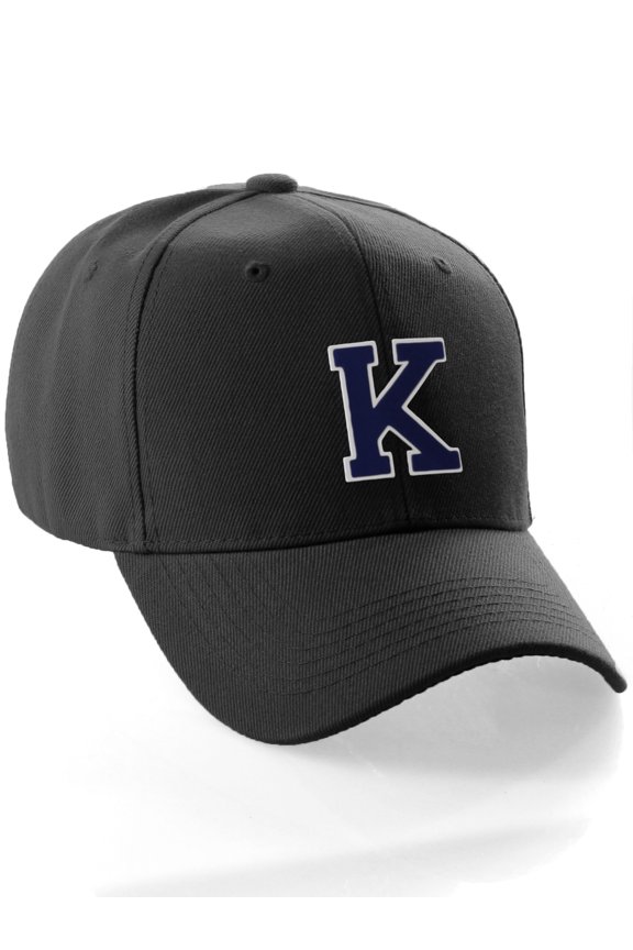 Classic Baseball Hat Custom A to Z Initial Team Letter, Black Cap White Navy Letter K