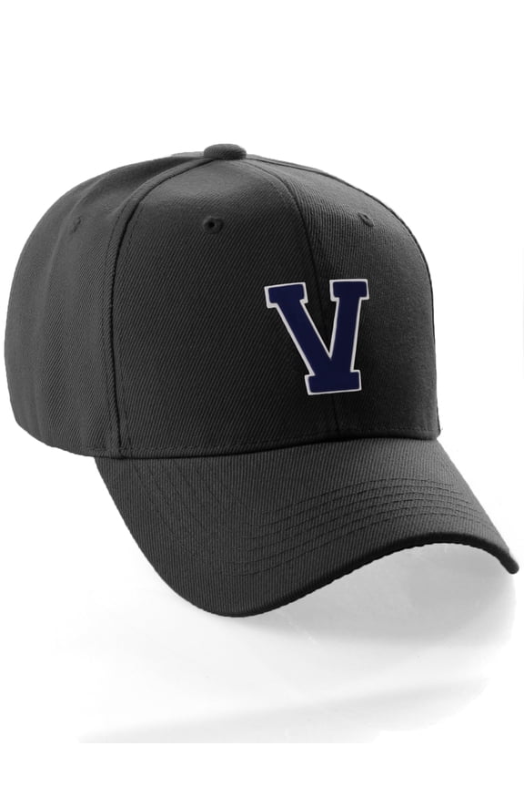Classic Baseball Hat Custom A to Z Initial Team Letter, Black Cap White Navy Letter V
