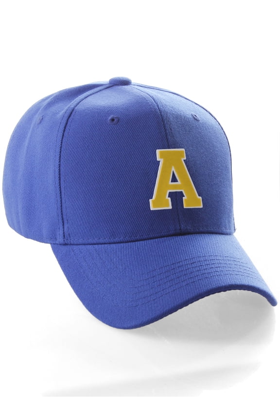 Classic Baseball Hat Custom A to Z Initial Team Letter, Blue Cap White Gold Letter A