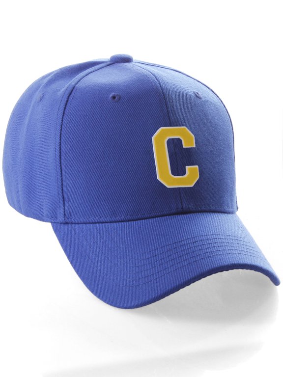 Classic Baseball Hat Custom A to Z Initial Team Letter, Blue Cap White Gold Letter C