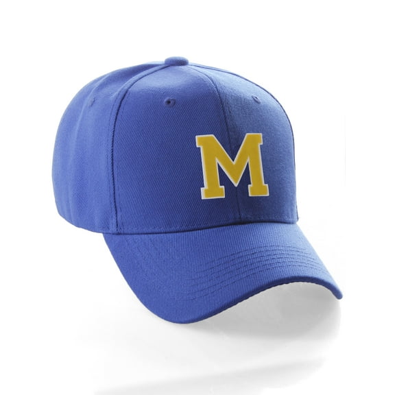 Classic Baseball Hat Custom A to Z Initial Team Letter, Blue Cap White Gold Letter M