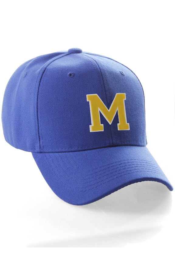 Classic Baseball Hat Custom A to Z Initial Team Letter, Blue Cap White Gold Letter M