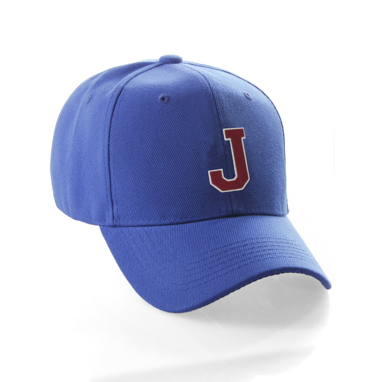 Custom Classic Hat Cap Red Baseball Initial Team Letter, White Blue Letter Z J to A