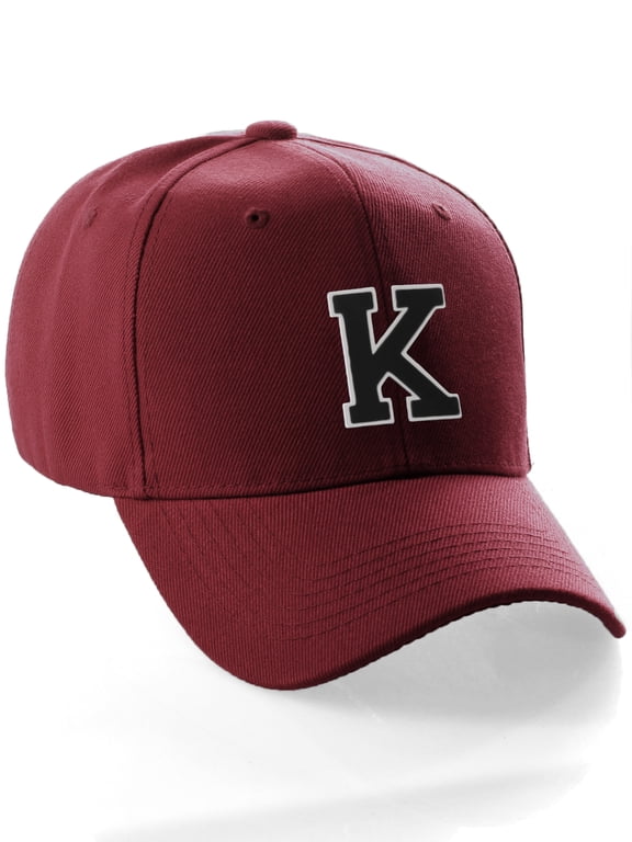 Classic Baseball Hat Custom A to Z Initial Team Letter, Burgundy Cap White Black Letter K