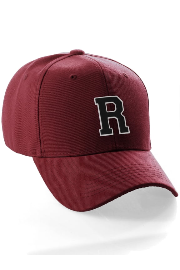 Classic Baseball Hat Custom A to Z Initial Team Letter, Burgundy Cap White Black Letter R