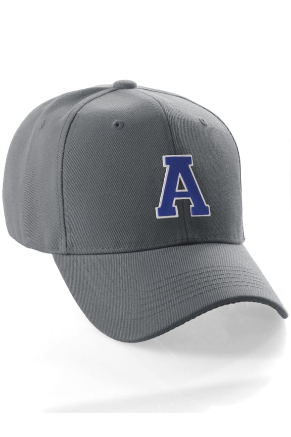 Classic Baseball Hat Custom A to Z Initial Team Letter, Charcoal Cap White Blue Letter A