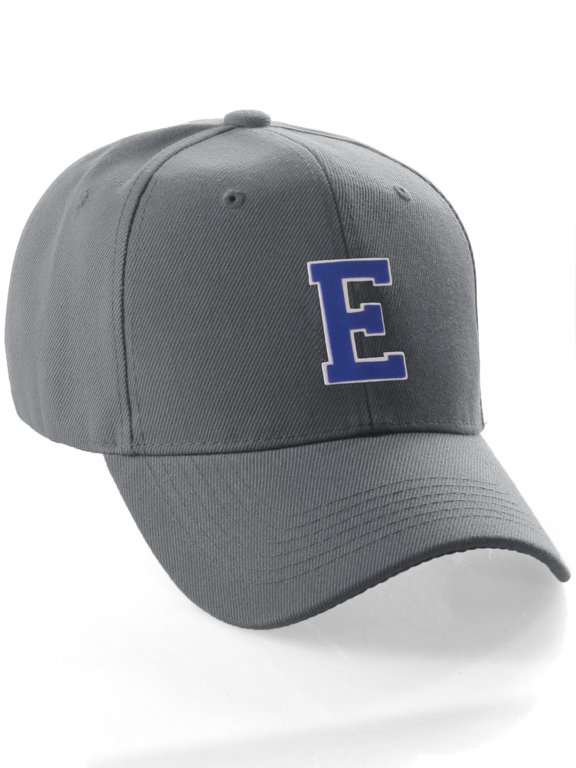Classic Baseball Hat Custom A to Z Initial Team Letter, Charcoal Cap White Blue Letter E