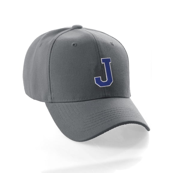 Classic Baseball Hat Custom A to Z Initial Team Letter, Charcoal Cap White Blue Letter J