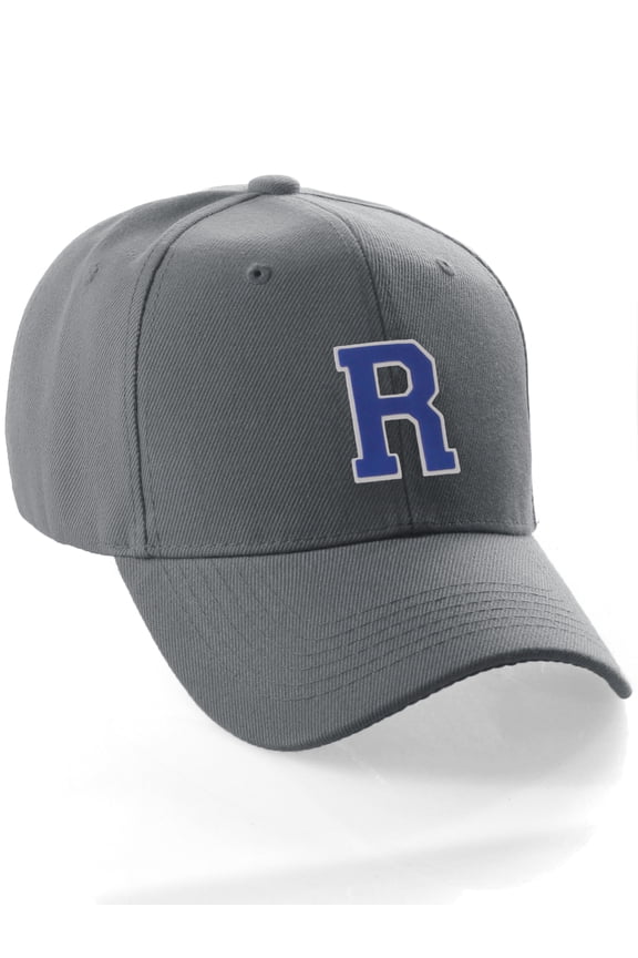 Classic Baseball Hat Custom A to Z Initial Team Letter, Charcoal Cap White Blue Letter R