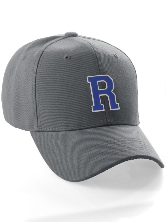 Classic Baseball Hat Custom A to Z Initial Team Letter, Charcoal Cap White Blue Letter R
