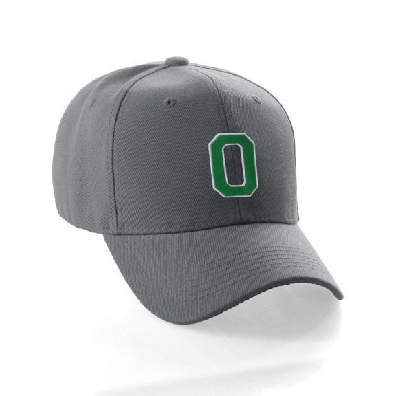 Classic Baseball Hat Custom A to Z Initial Team Letter, Charcoal Cap White Green Letter O
