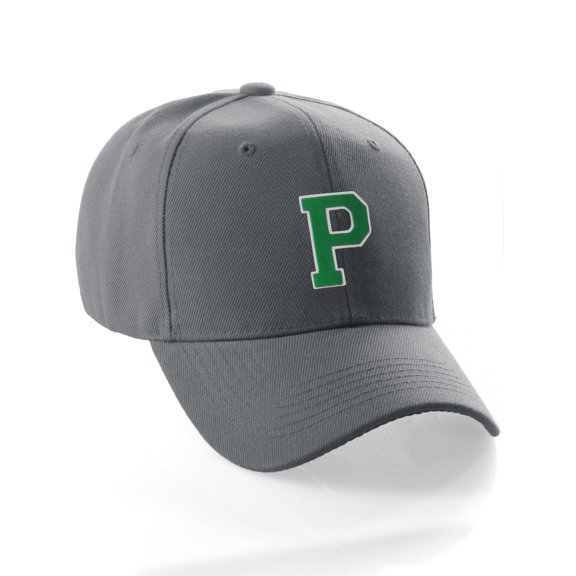 Classic Baseball Hat Custom A to Z Initial Team Letter, Charcoal Cap White Green Letter P