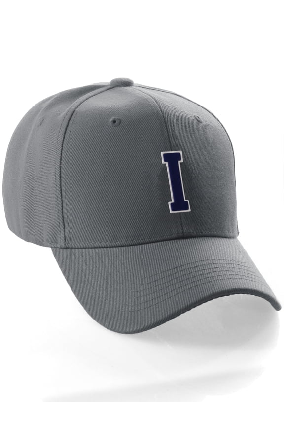 Classic Baseball Hat Custom A to Z Initial Team Letter, Charcoal Cap White Navy Letter I