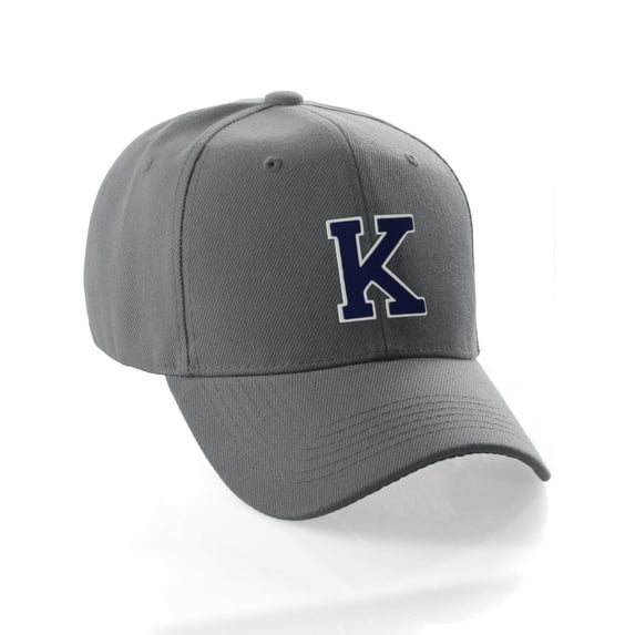 Classic Baseball Hat Custom A to Z Initial Team Letter, Charcoal Cap White Navy Letter K