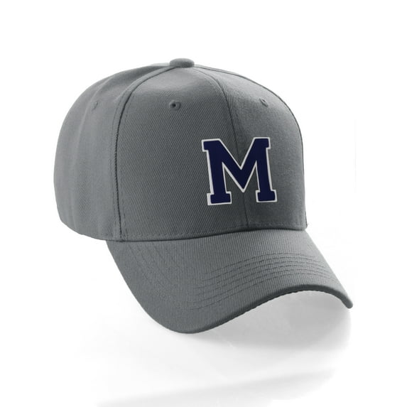 Classic Baseball Hat Custom A to Z Initial Team Letter, Charcoal Cap White Navy Letter M